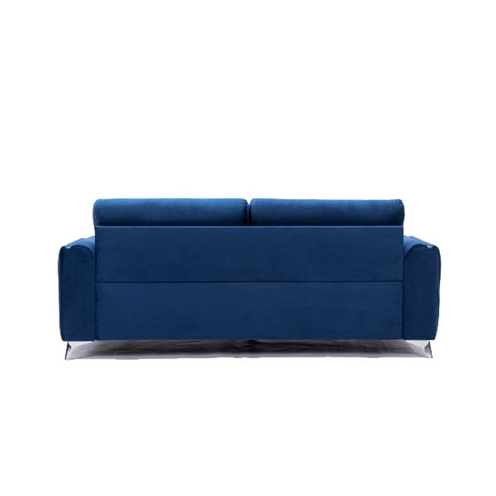 Wiena 79 Inch Sofa Velvet Upholstery Solid Pine Wood Blue and Chrome By Casagear Home BM309648