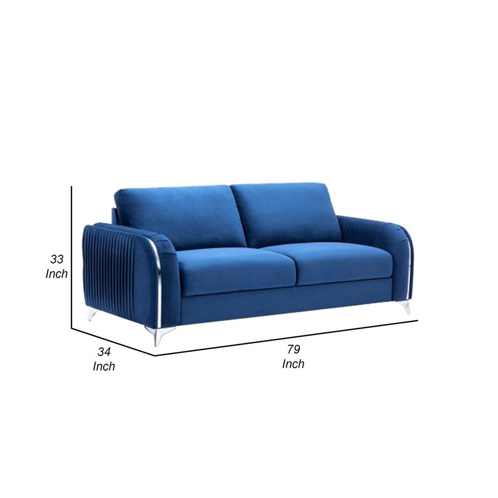 Wiena 79 Inch Sofa Velvet Upholstery Solid Pine Wood Blue and Chrome By Casagear Home BM309648