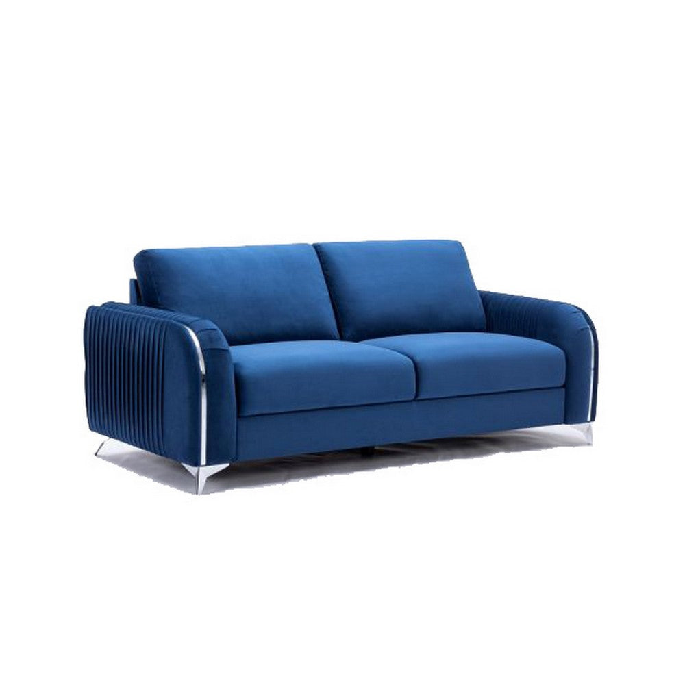 Wiena 79 Inch Sofa, Velvet Upholstery, Solid Pine Wood, Blue and Chrome By Casagear Home