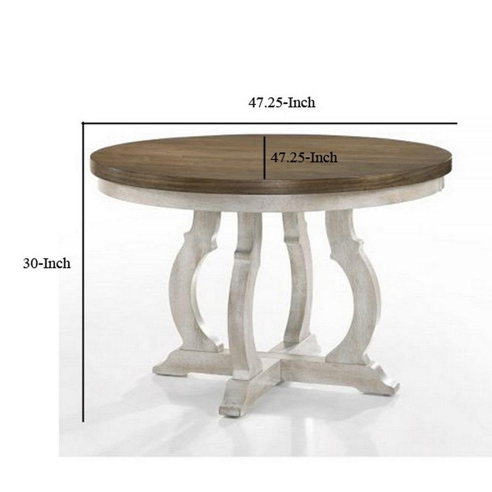 Siki 47 Inch Dining Table Round Top Rubberwood Walnut and Antique White By Casagear Home BM309651