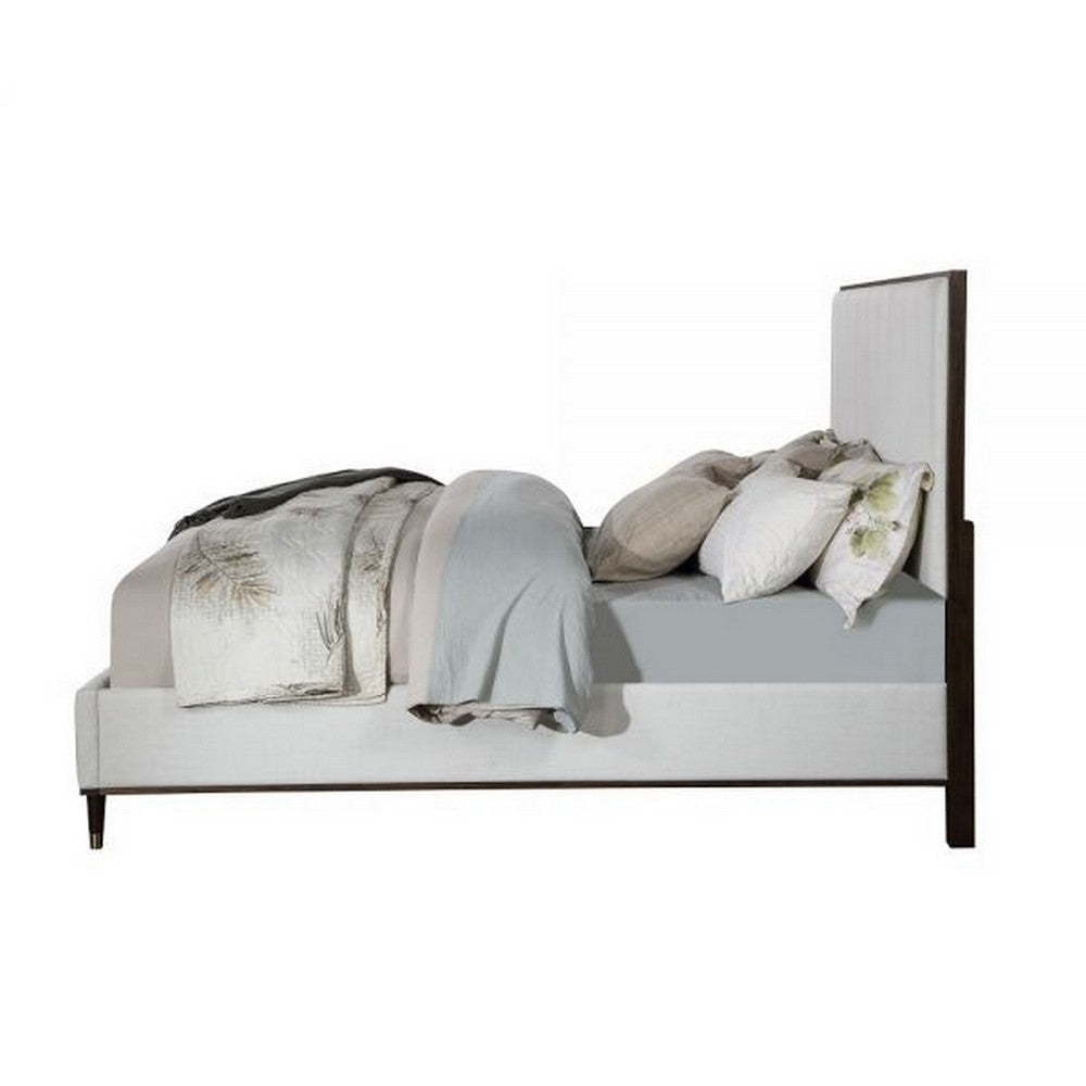 Aren Queen Bed Light Gray Fabric Upholstery Crisp White and Smooth Brown By Casagear Home BM309659