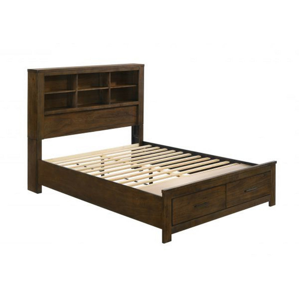 Maryl Queen Bed with Bookcase Headboard, Solid Wood, Oak Brown Finish  By Casagear Home