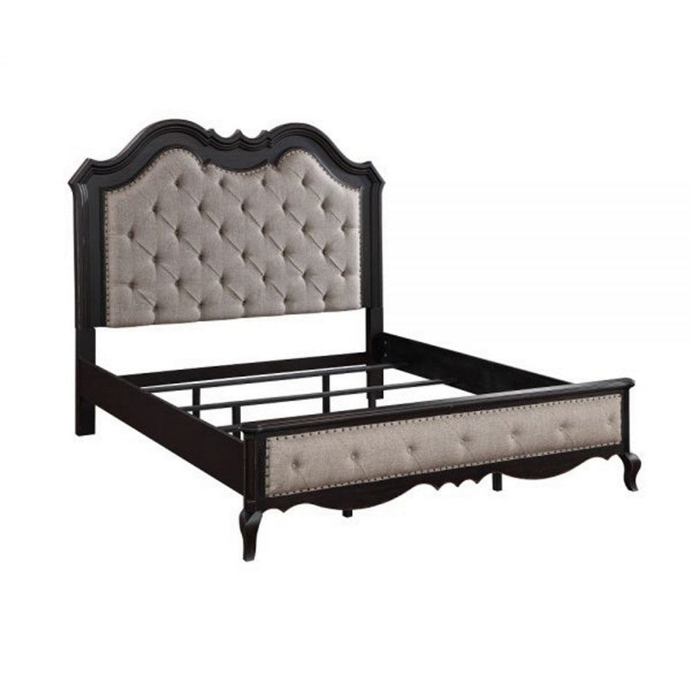 Chery Queen Size Bed with Button Tufted Headboard, Beige Upholstery, Black By Casagear Home