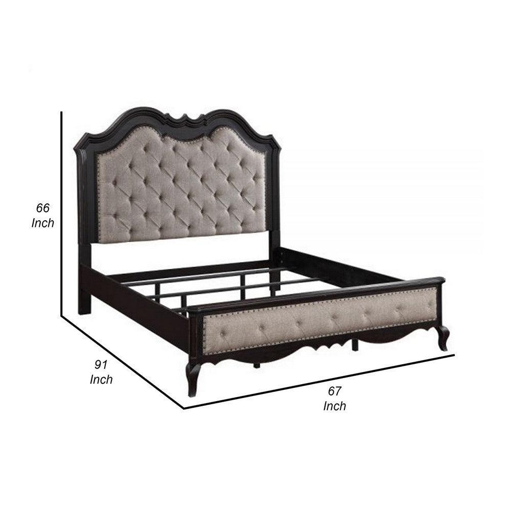 Chery Queen Size Bed with Button Tufted Headboard Beige Upholstery Black By Casagear Home BM309666