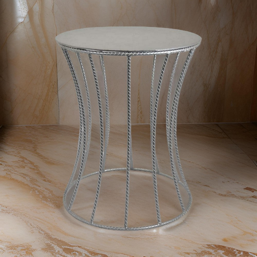 Ema 21 Inch Plant Stand, Round Top, Slatted Geometric Frame, Silver Finish By Casagear Home