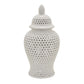 Deni 19 Inch Ginger Jar Small Carved Cutout Lattice Removable Lid White By Casagear Home BM309702