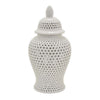 Deni 19 Inch Ginger Jar Small Carved Cutout Lattice Removable Lid White By Casagear Home BM309702