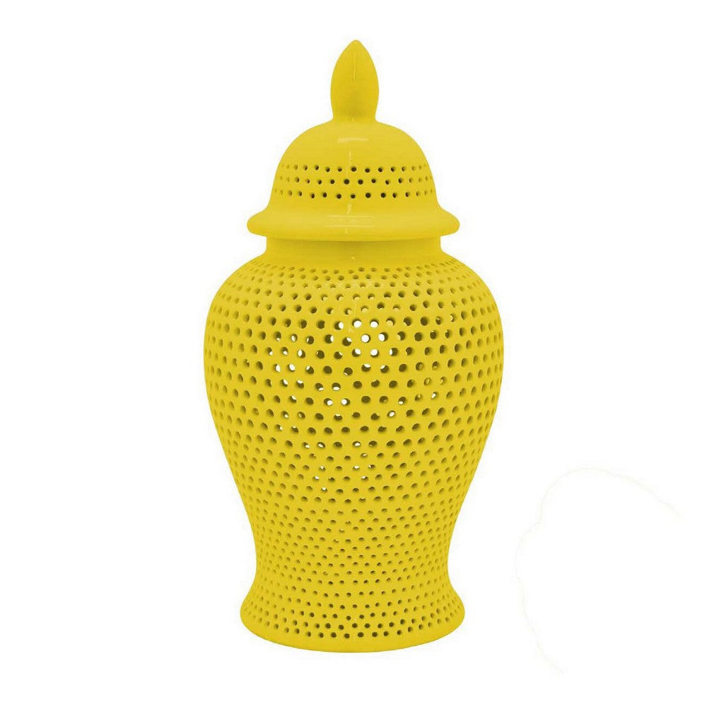 Deni 25 Inch Ginger Jar Carved Cutout Lattice Removable Lid Yellow By Casagear Home BM309705