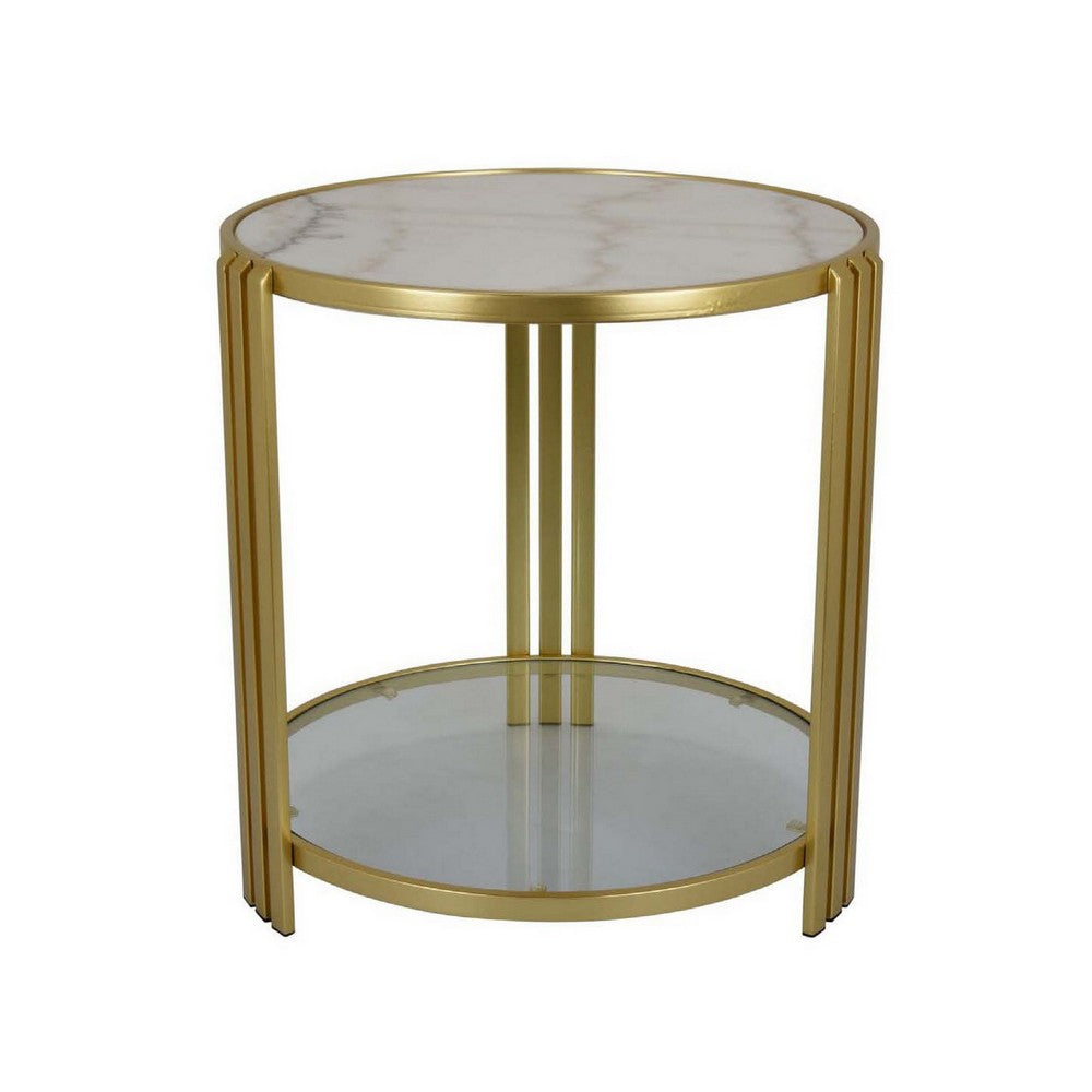 Lee 20 Inch Plant Stand Round White Marble Top Open Metal Frame Gold By Casagear Home BM309756