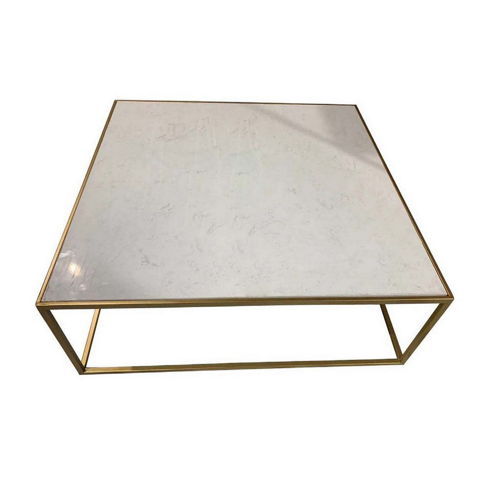 Riyan 39 Inch Plant Stand Table Square Open Gold Metal Frame White Top By Casagear Home BM309778