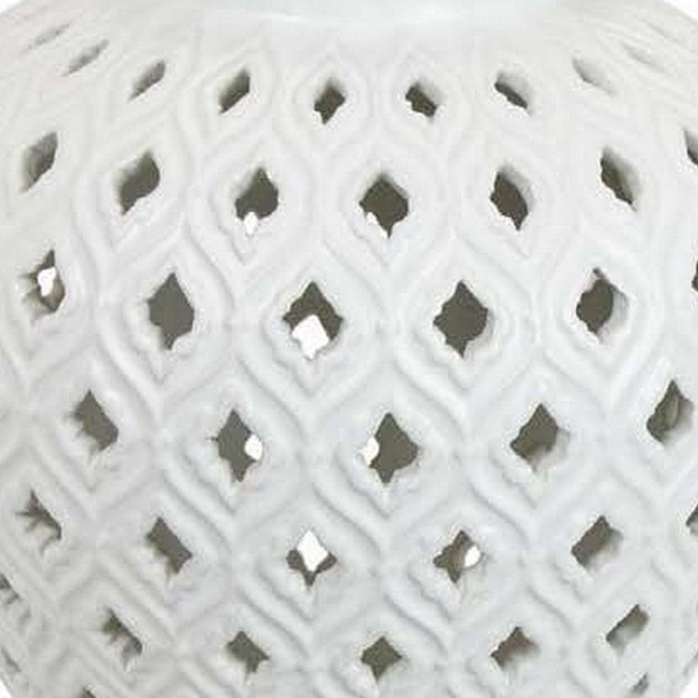 Deni 18 Inch Temple Jar Pierced Carved Lattice Design Lid White By Casagear Home BM309798