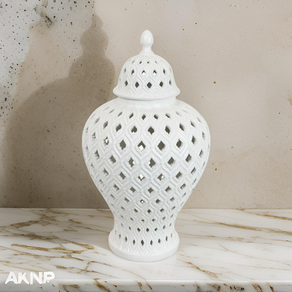 Deni 18 Inch Temple Jar, Pierced, Carved Lattice Design, Lid, White By Casagear Home