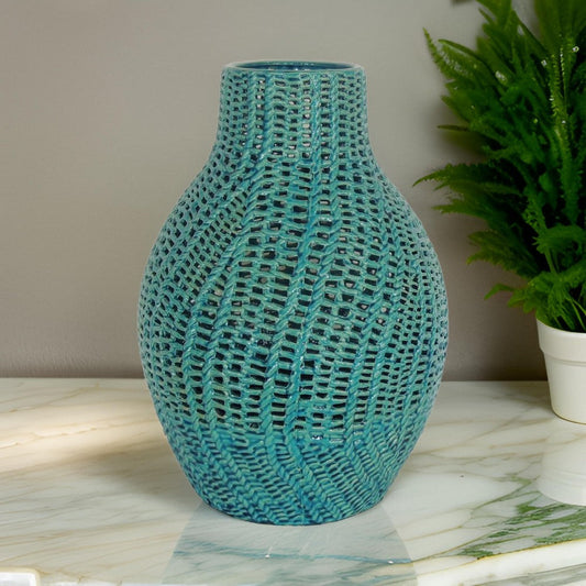 20 Inch Vase, Modern Ceramic Interlaced Woven Design, Curved, Teal Blue By Casagear Home