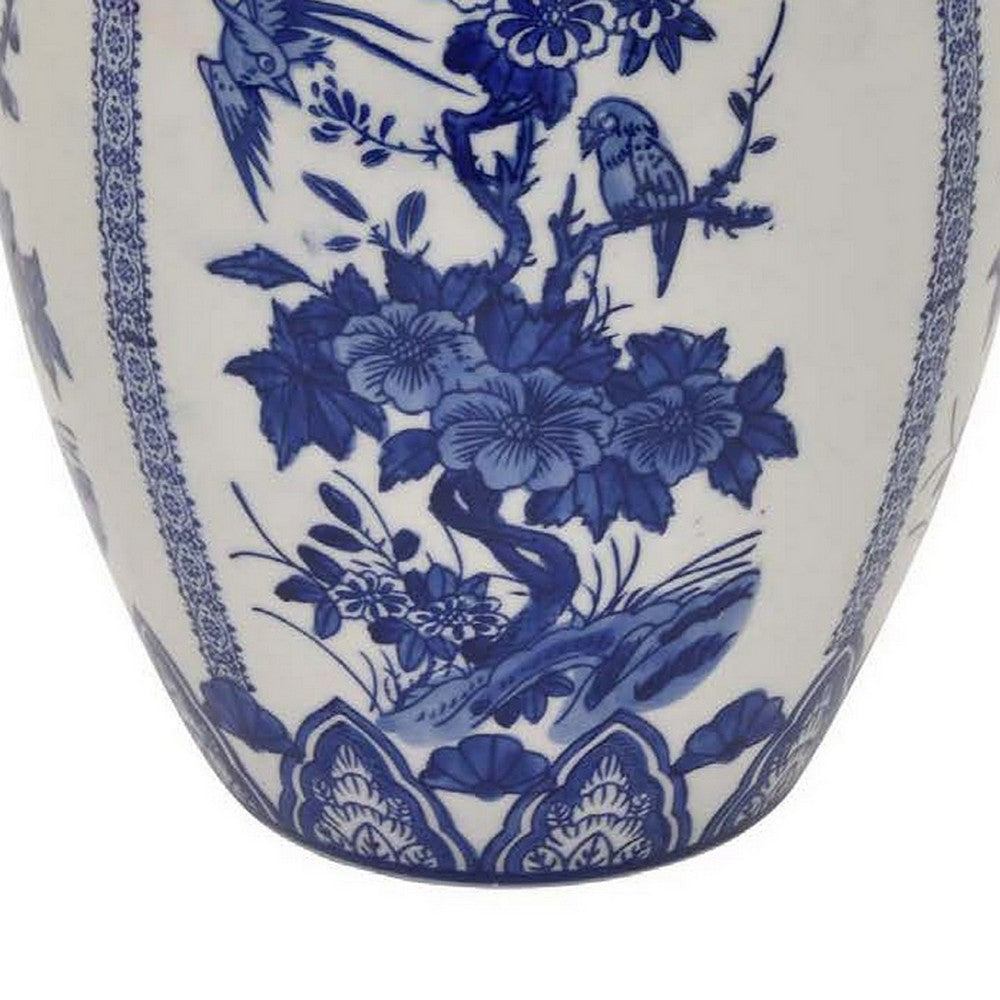 12 Inch Jar Blue Floral Print Removable Lid White Ceramic Traditional By Casagear Home BM309843