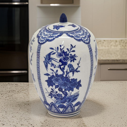 12 Inch Jar, Blue Floral Print, Removable Lid, White Ceramic, Traditional By Casagear Home