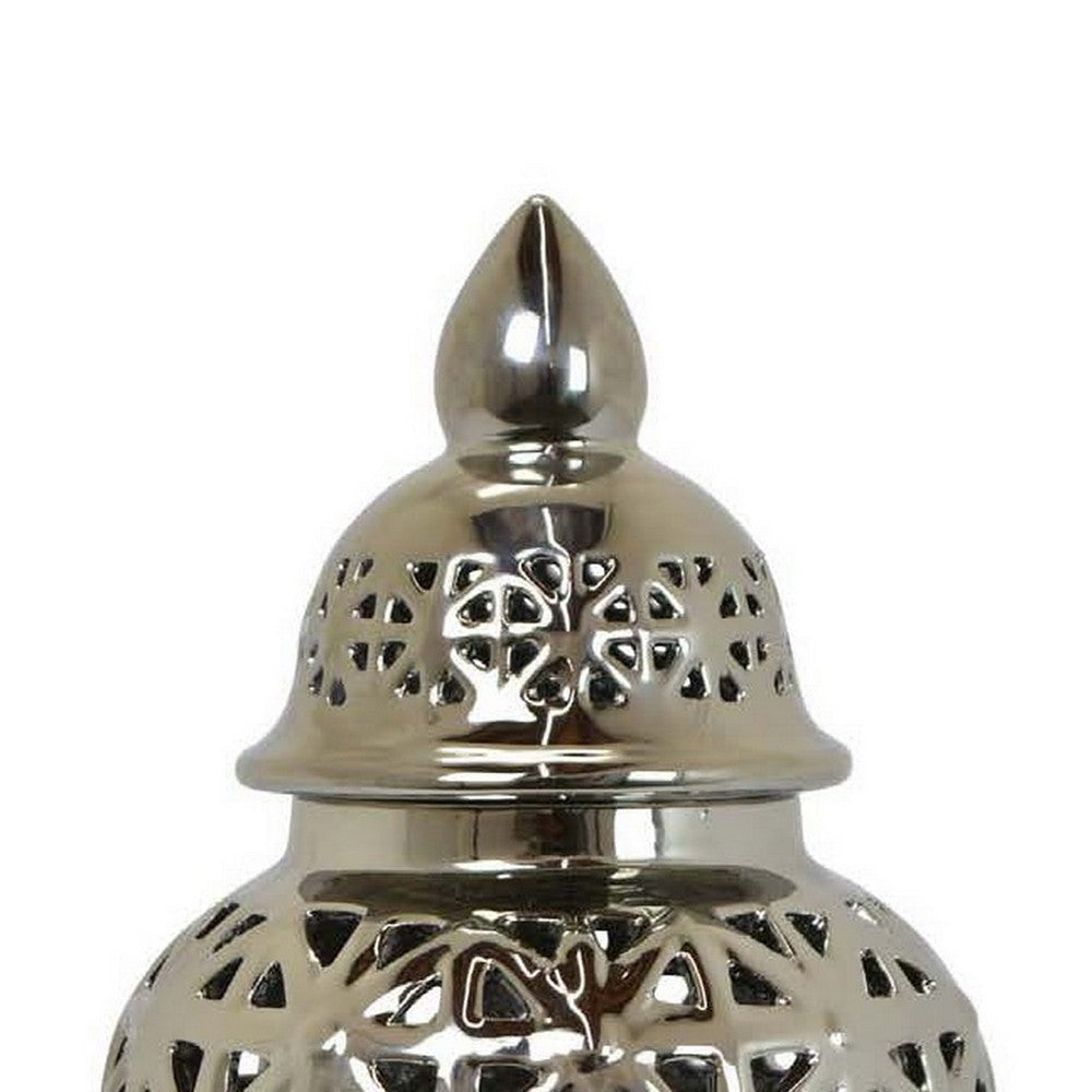 13 Inch Ginger Jar Pierced Carved Lattice Design Removable Lid Silver By Casagear Home BM309844