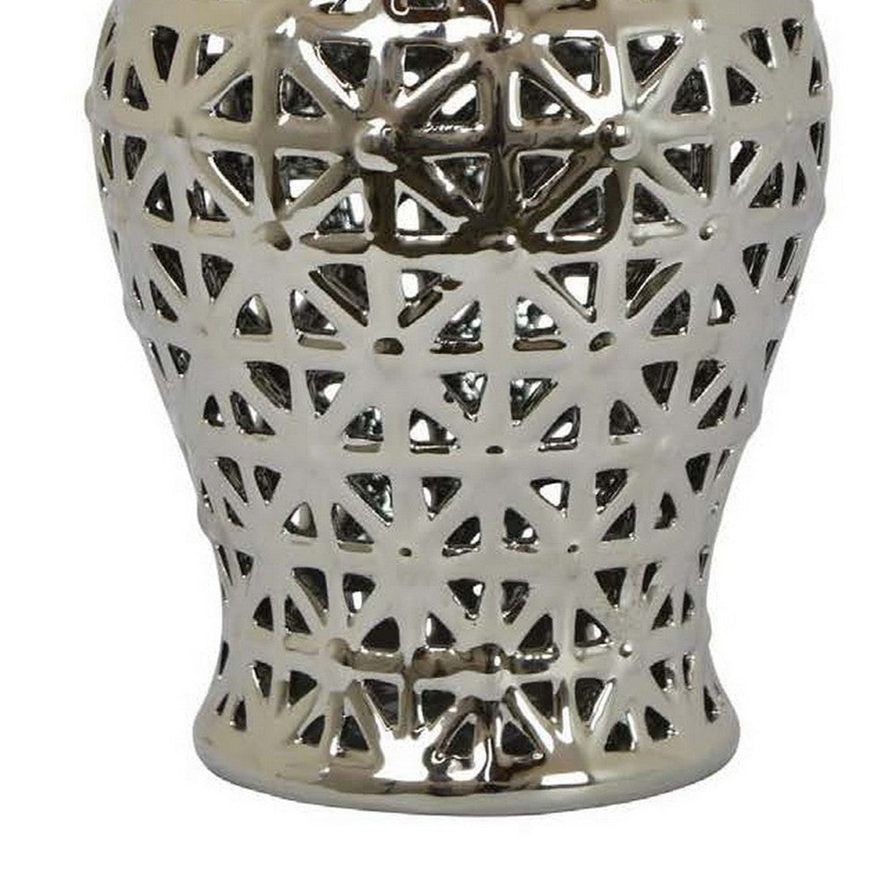 13 Inch Ginger Jar Pierced Carved Lattice Design Removable Lid Silver By Casagear Home BM309844