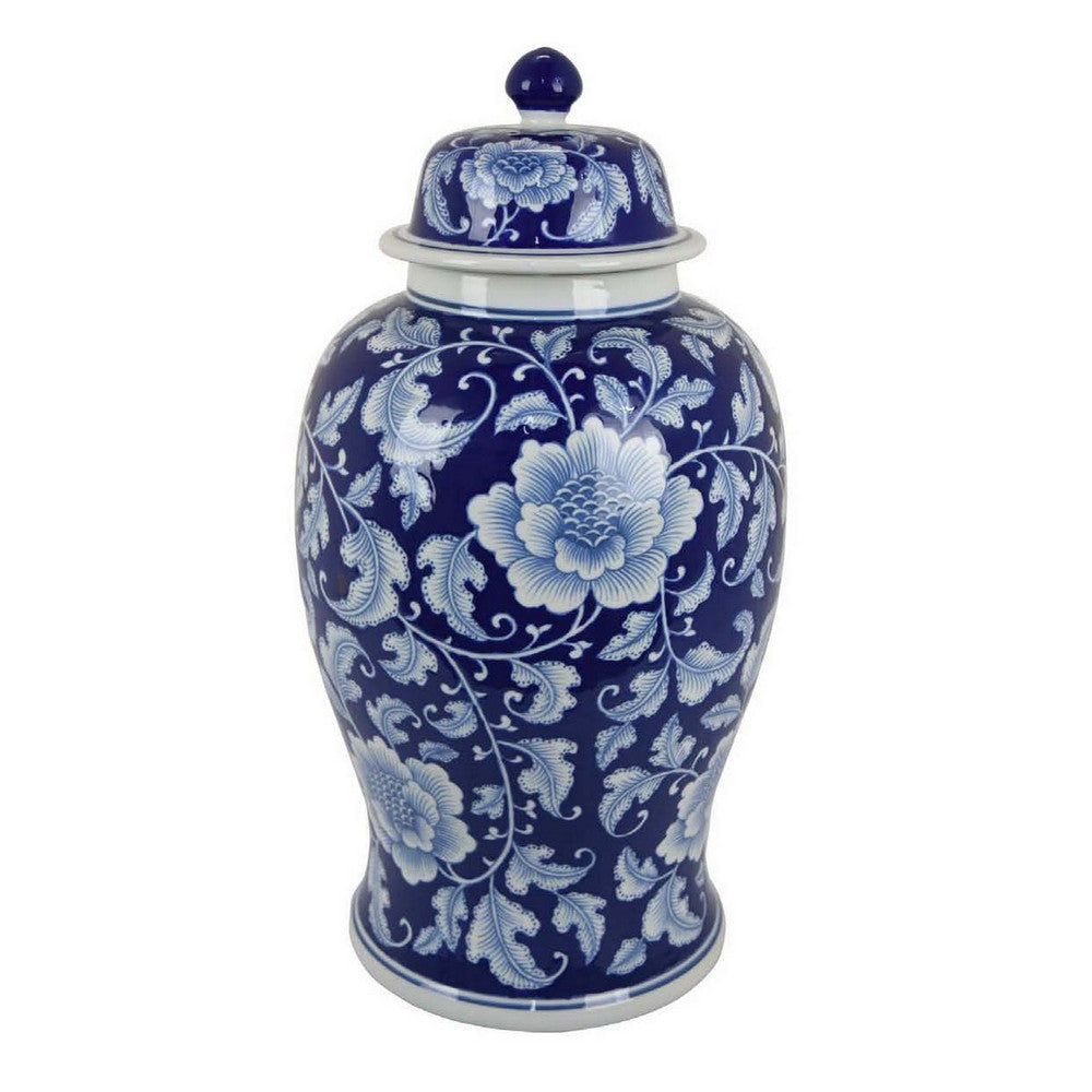 21 Inch Temple Ginger Jar Blue White Floral Print Lid Ceramic Pottery By Casagear Home BM309850