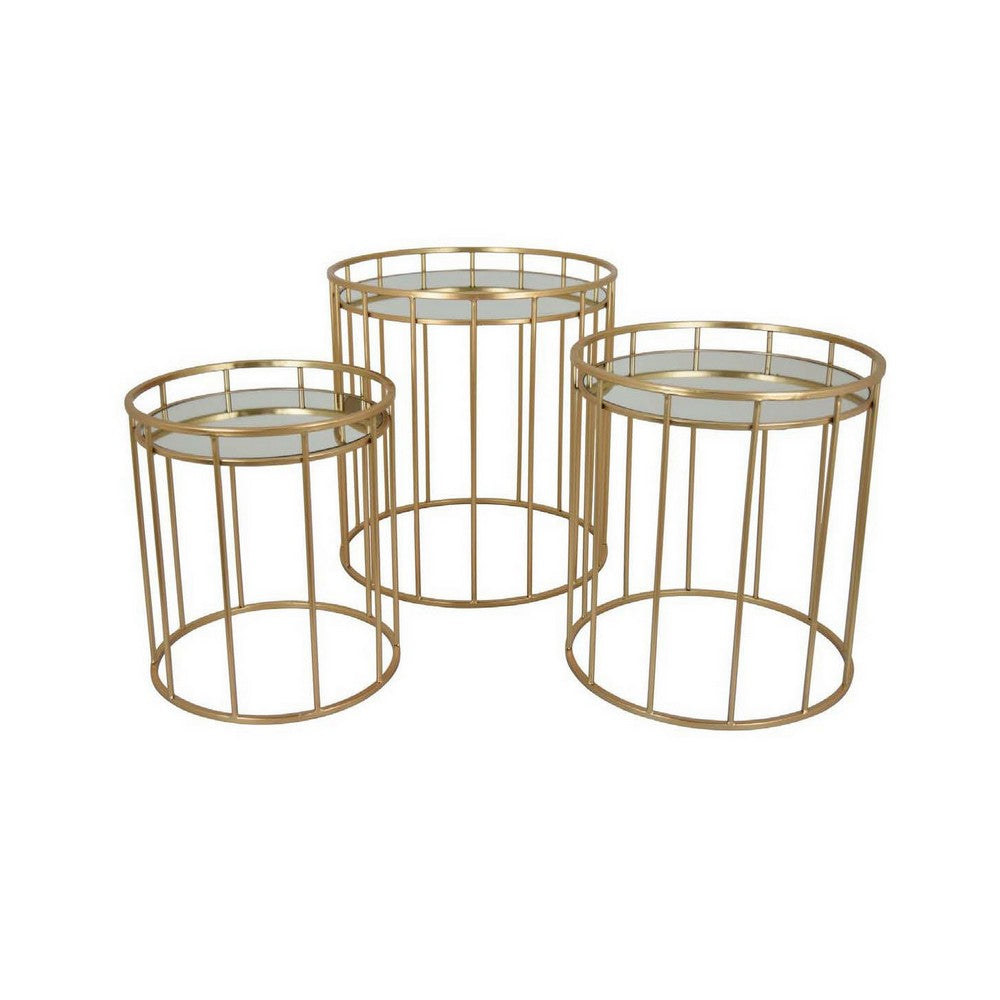 20 Inch Plant Stand Table Set of 3 Gold Metal Frame Mirror Tray Top By Casagear Home BM309888