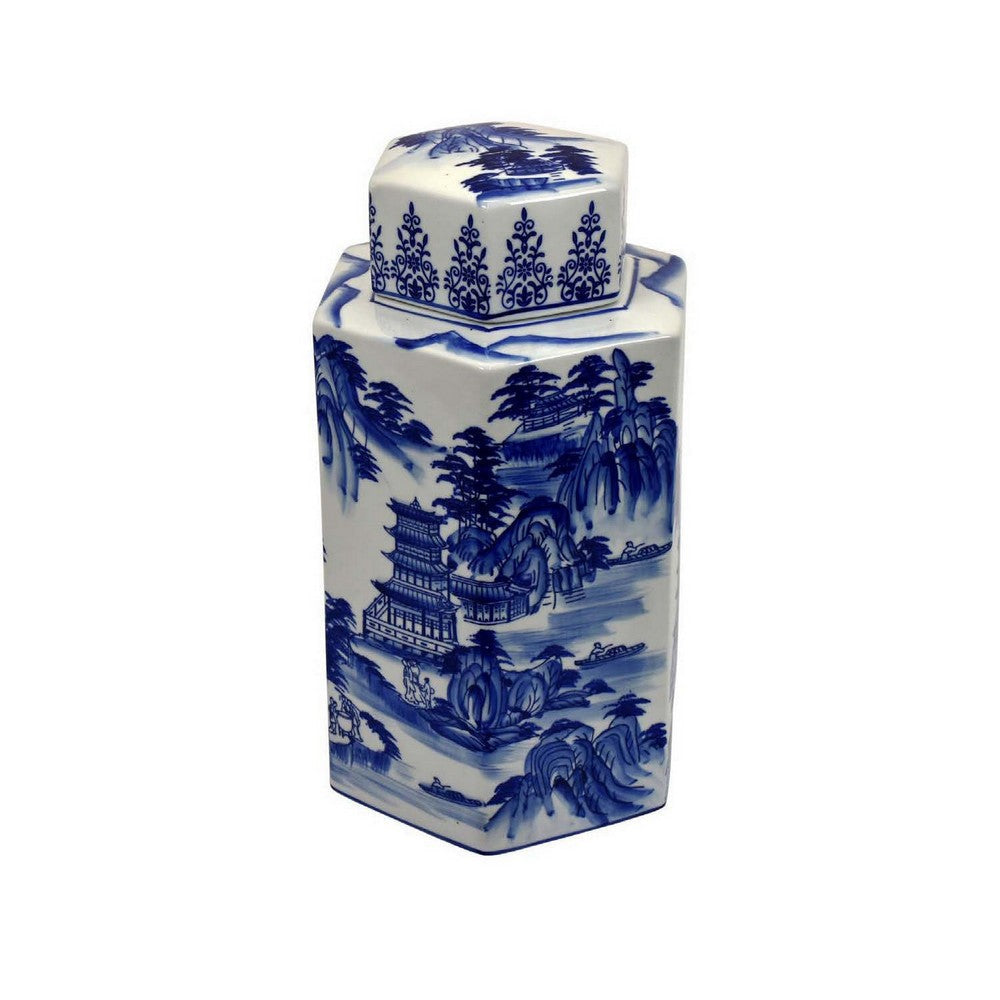 Deno 13 Inch Decorative Jar with Lid Ceramic Scenery in Blue and White By Casagear Home BM309894