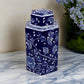 Deno 13 Inch Decorative Jar with Lid, Ceramic, Filigree in Blue and White By Casagear Home