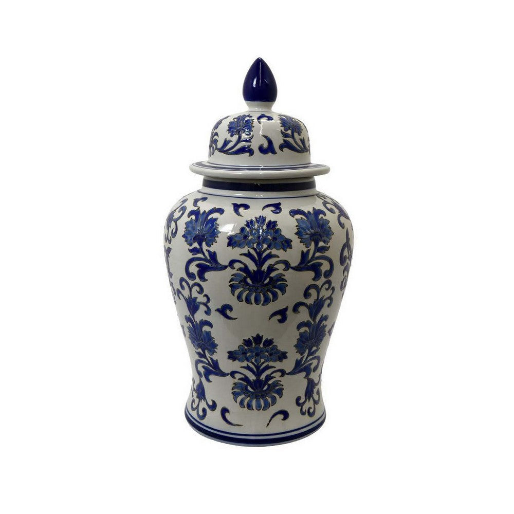 Lise 25 Inch Temple Ginger Jar Ceramic Multi Floral Design White Blue By Casagear Home BM309897