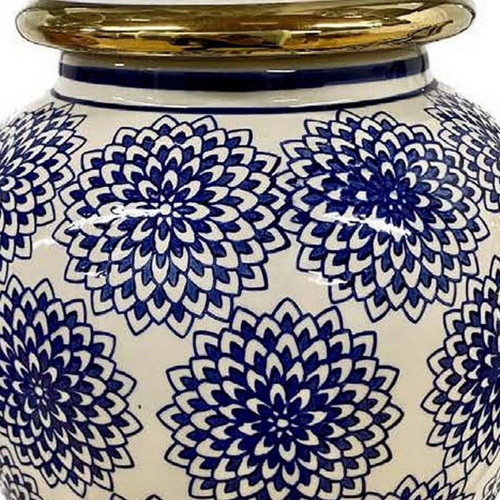 Bryan 18 Inch Ceramic Temple Jar Floral Print Gold Handle Blue White By Casagear Home BM309930