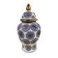 Bryan 18 Inch Ceramic Temple Jar Floral Print Gold Handle Blue White By Casagear Home BM309930