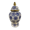 Bryan 18 Inch Ceramic Temple Jar Floral Print Gold Handle Blue White By Casagear Home BM309930