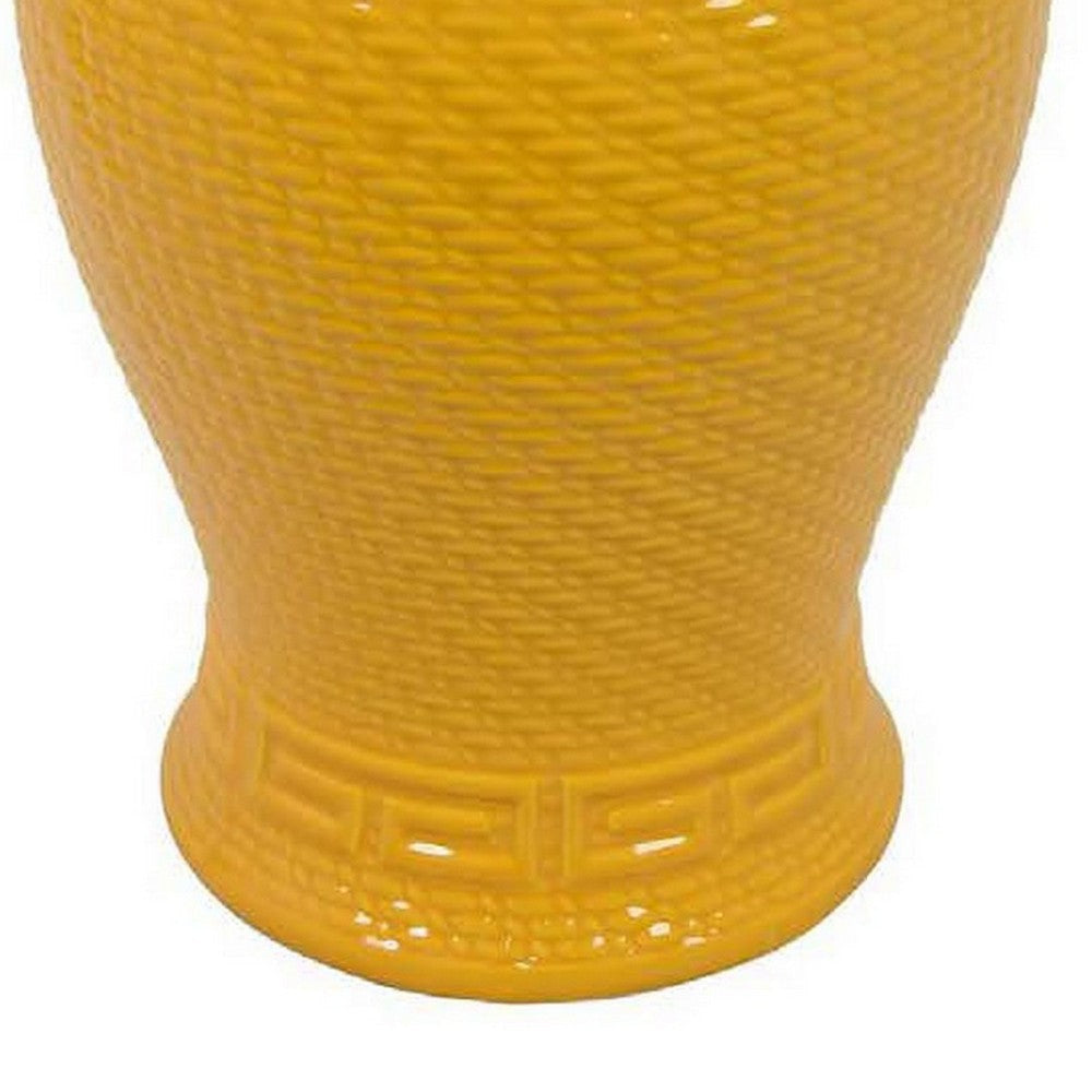 Bryan 24 Inch Ceramic Temple Jar Geometric Print Finial Top Yellow By Casagear Home BM309931