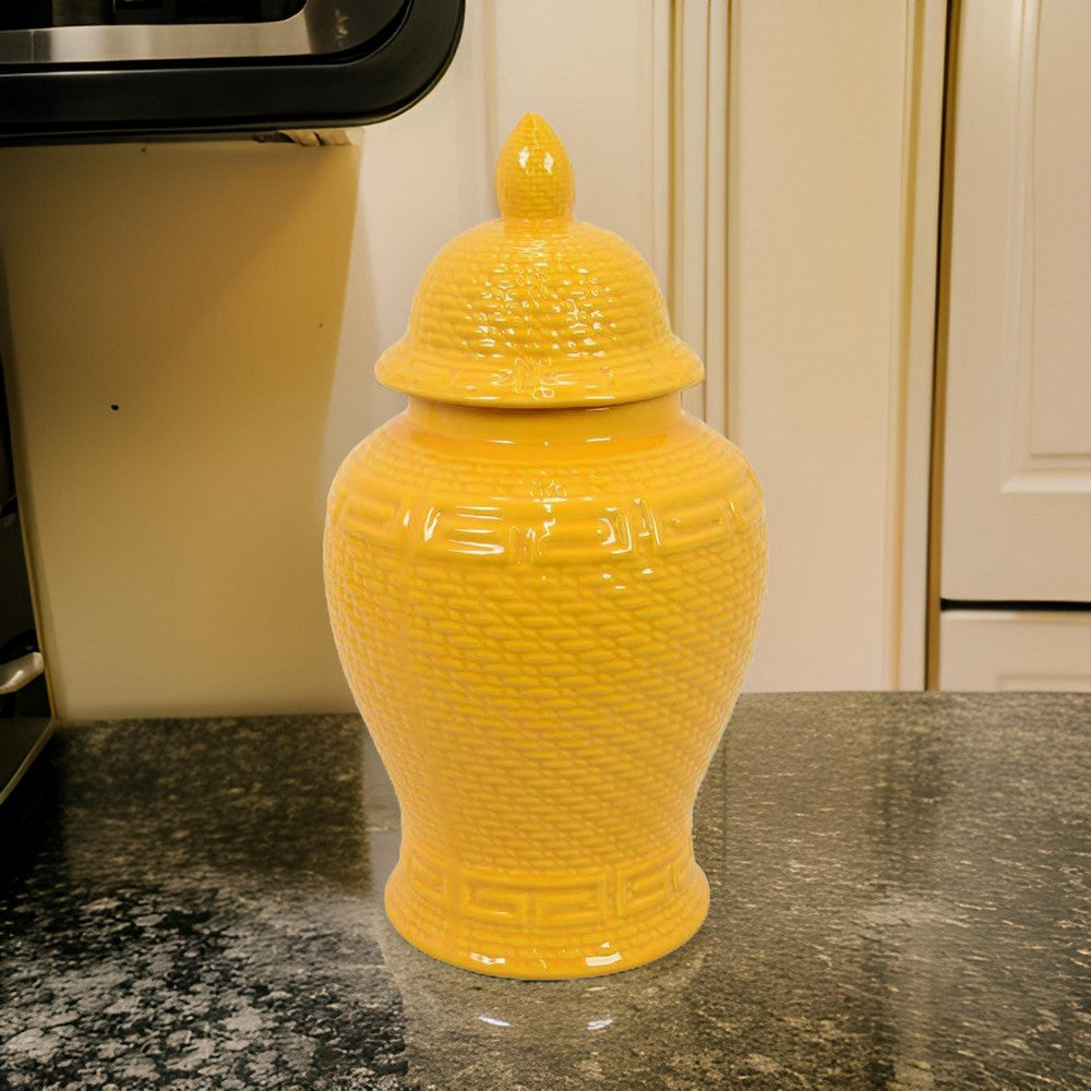 Bryan 18 Inch Ceramic Temple Jar, Geometric Print, Finial Top, Yellow By Casagear Home