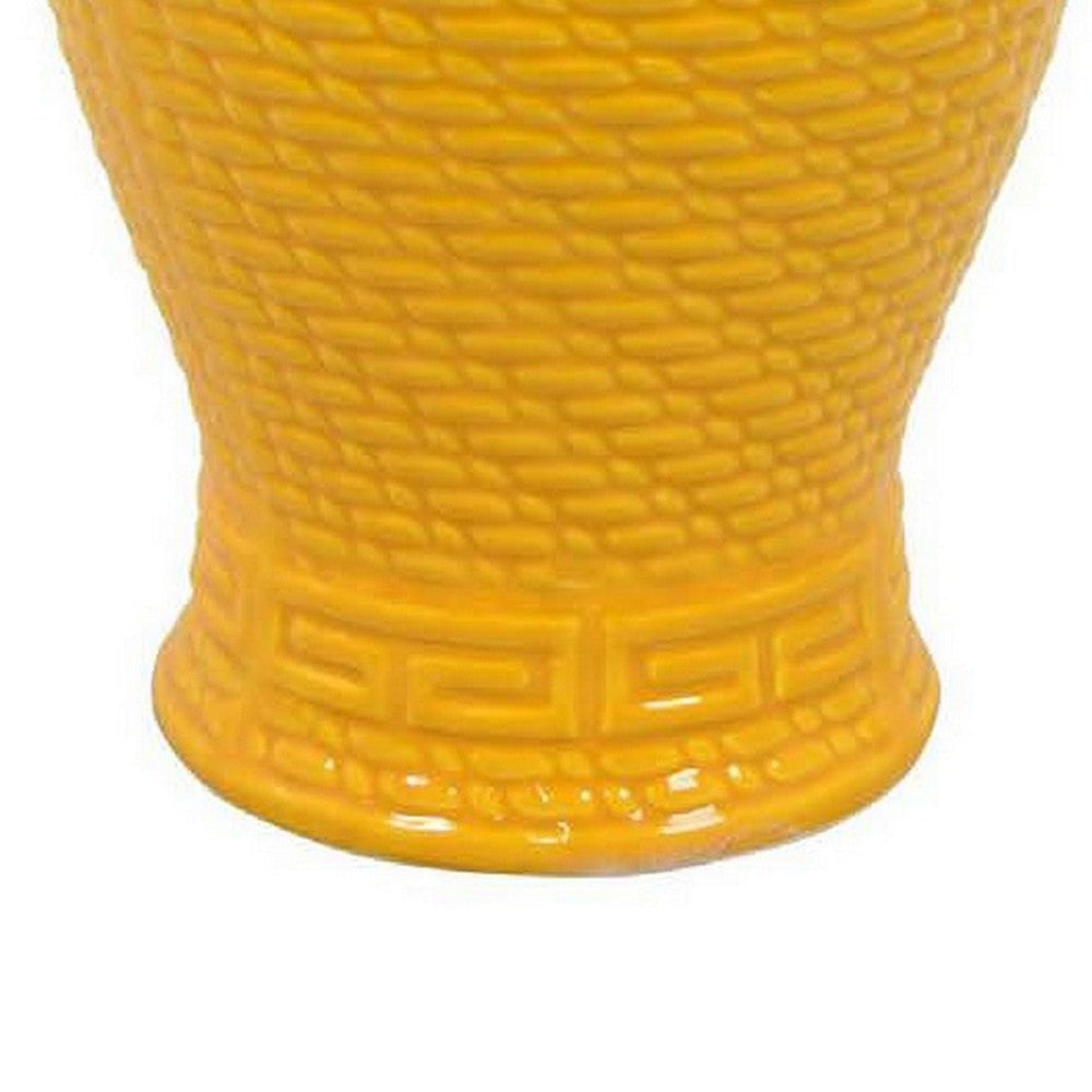 Bryan 13 Inch Ceramic Temple Jar Geometric Print Finial Top Yellow By Casagear Home BM309933