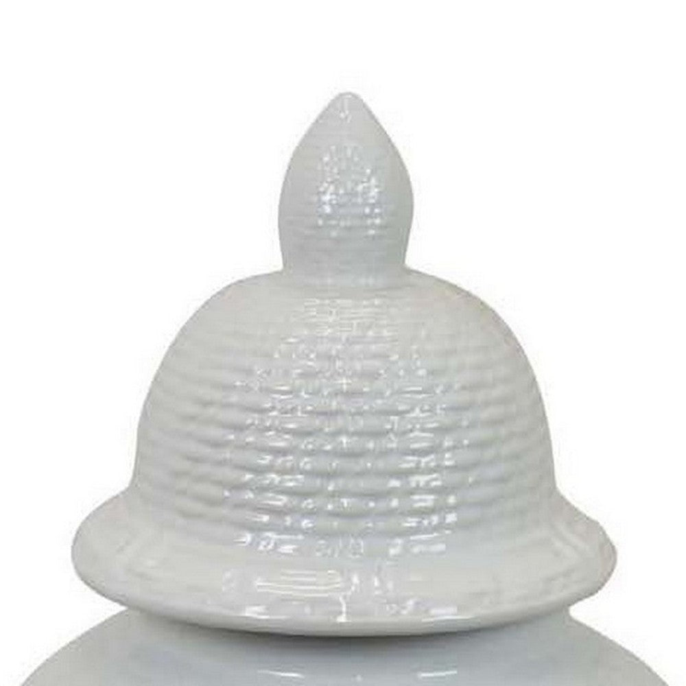 Bryan 24 Inch Ceramic Temple Jar Geometric Print Finial Top White By Casagear Home BM309934