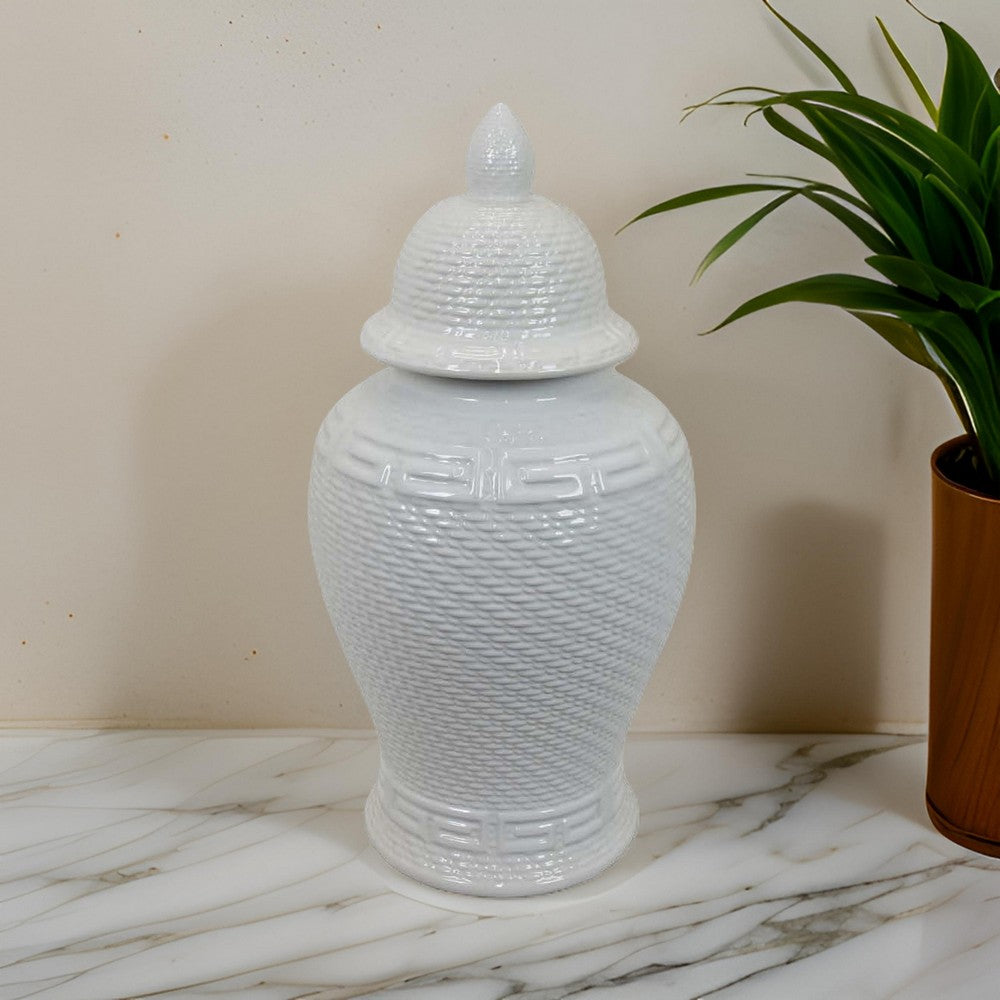 Bryan 24 Inch Ceramic Temple Jar, Geometric Print, Finial Top, White By Casagear Home