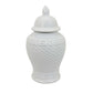 Bryan 18 Inch Ceramic Temple Jar Geometric Print Finial Top White By Casagear Home BM309935