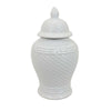 Bryan 18 Inch Ceramic Temple Jar Geometric Print Finial Top White By Casagear Home BM309935