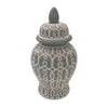 12 Inch Temple Jar Ceramic Intricate Geometric Pattern Removable Lid Olive Green By Casagear Home BM309943