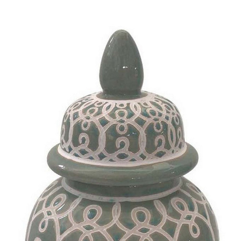 12 Inch Temple Jar Ceramic Intricate Geometric Pattern Removable Lid Olive Green By Casagear Home BM309943