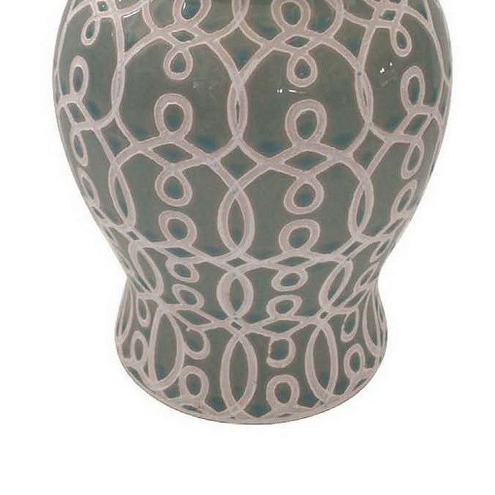 12 Inch Temple Jar Ceramic Intricate Geometric Pattern Removable Lid Olive Green By Casagear Home BM309943