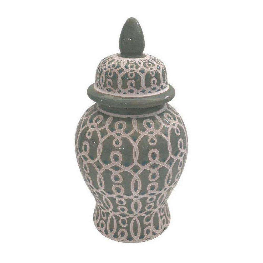 12 Inch Temple Jar Ceramic Intricate Geometric Pattern Removable Lid Olive Green By Casagear Home BM309943