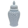 Deni 20 Inch Temple Jar Ceramic Blue White Floral Cut Out Design with Lid By Casagear Home BM309953