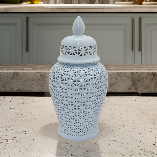 Deni 20 Inch Temple Jar, Ceramic Blue White Floral Cut Out Design with Lid By Casagear Home