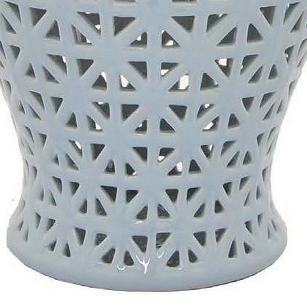 Deni 26 Inch Temple Jar Ceramic Blue White Floral Cut Out Design with Lid By Casagear Home BM309954