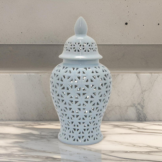 Deni 26 Inch Temple Jar, Ceramic Blue White Floral Cut Out Design with Lid By Casagear Home