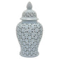 Deni 26 Inch Temple Jar Ceramic Blue White Floral Cut Out Design with Lid By Casagear Home BM309954