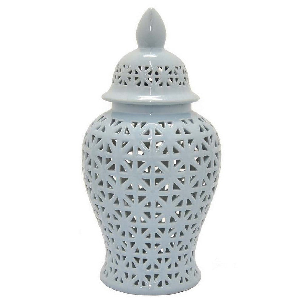 Deni 26 Inch Temple Jar Ceramic Blue White Floral Cut Out Design with Lid By Casagear Home BM309954