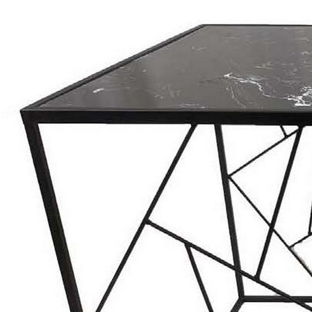 Plant Stand Table Set of 3 Geometric Style Black Metal Frames Marble Top By Casagear Home BM309956