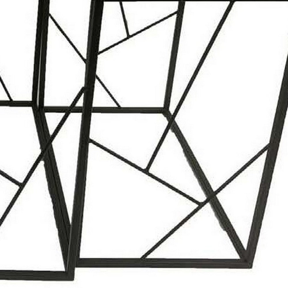 Plant Stand Table Set of 3 Geometric Style Black Metal Frames Marble Top By Casagear Home BM309956