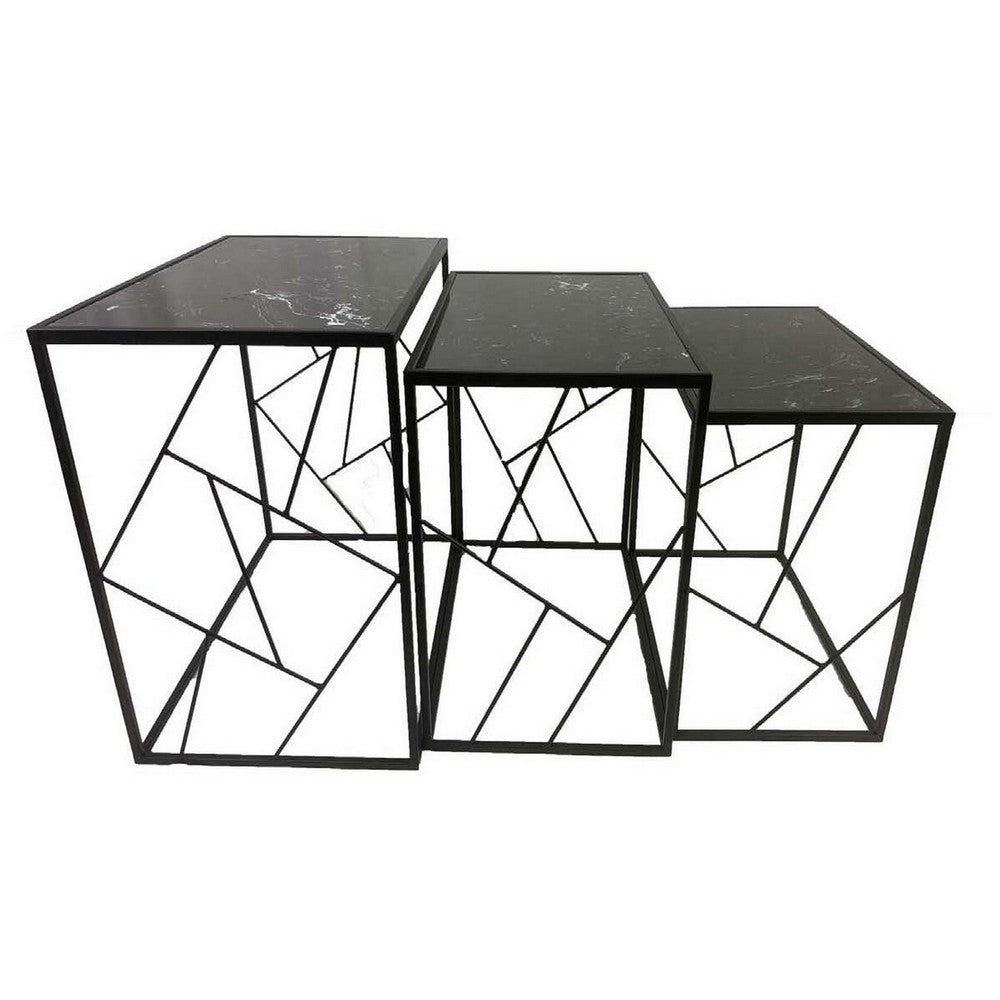 Plant Stand Table Set of 3 Geometric Style Black Metal Frames Marble Top By Casagear Home BM309956