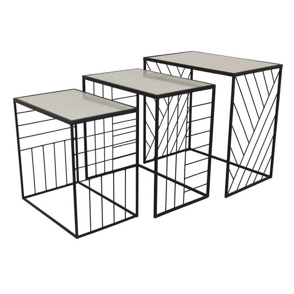 Plant Stand Table Set of 3 Intricate Geometric Pattern Black Finish By Casagear Home BM309958